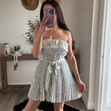 Pleated Floral Self Tie Mini Dress