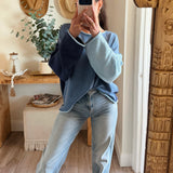 Blue-Chambray Textured Colorblock Knit Rolled-Edge Sweater