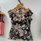 Black Floral Ruffle Hem Top