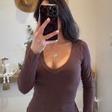 Seamless Deep V Neck Basic Long Sleeve