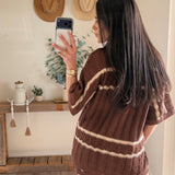 Chocolate Striped Pointelle Crochet Cardigan