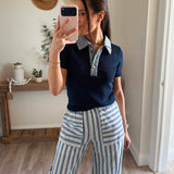 Lena Contrast Collar Crop Top - Navy/Denim