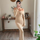 Fold Down Long Sleeve Dress - Nude