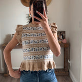 Knit Multi Color Jacquard Ruffle Cap Sleeve Top