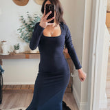 Dark Blue Ribbed Knit Slit Square Neck Long Sleeve Dress