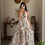 White Tiered Floral Halterneck Maxi