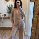 Sand Pointelle Crochet-Knit Drawstring Sweater Pants