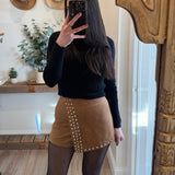 Camel Suede Studded Detail Mini Skort