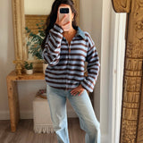Weekender Striped Denim Collared Zip Up - Blue/Brown