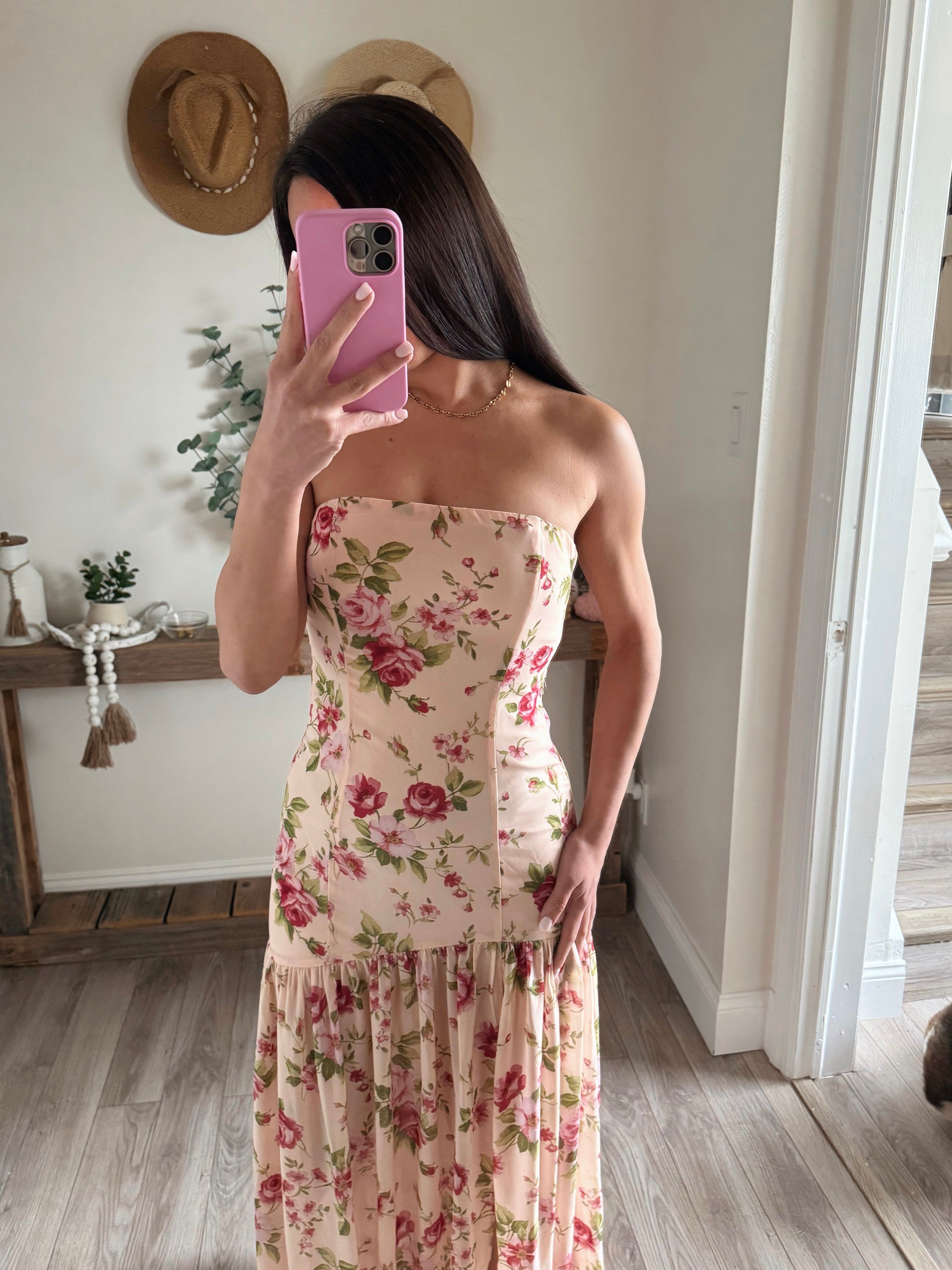 Muted Rose Bloom Drop Waist Maxi Dress S Muted Rose Bloom Drop Waist Maxi Dress S