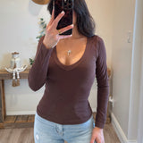 Seamless Deep V Neck Basic Long Sleeve