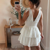 Baby White Tie Strap Layered Lace Mini Dress