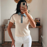 Lena Contrast Collar Crop Top - Natural/Denim