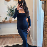 Dark Blue Ribbed Knit Slit Square Neck Long Sleeve Dress