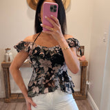 Black Floral Ruffle Hem Top