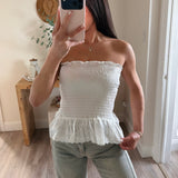 White Kaia Smocking Peplum Top with Eyelet Ruffles