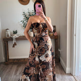 Black/Brown Floral Chiffon Ruffled Maxi Dress
