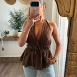Brown Polka Dot-Print Open-Back Gathered Peplum Halter Top