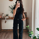 Black High Rise Wide Leg Cargo Jeans