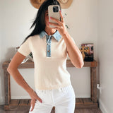 Lena Contrast Collar Crop Top - Natural/Denim