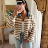 Weekender Striped Denim Collared Zip Up - Beige