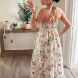 Floral-Print Smocked Halter Paneled Maxi Dress