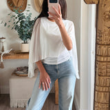 White Cape Sheer Top With Asymmetrical Hem