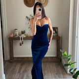 Rhinestone Neckline Velvet Maxi Dress - Royal Blue