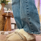 Faux Fur Suede Mule Slippers with Embroidered Trim