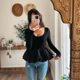CONTRAST BUBBLE HEM LONG SLEEVE RIB TOP - Black