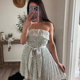 Pleated Floral Self Tie Mini Dress