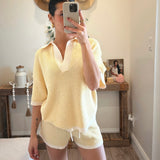 Butter/Cream Striped Rib-Knit Collared Split-Neck Top