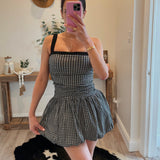 Gingham Plaid Contrast Strap Bubble Hem Mini Dress