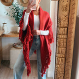 Red Maxine Fringe Knit Poncho