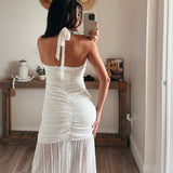 Striped Floral Lace Drop-Waist Ruched Halter Maxi Dress