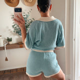 Light Chambray Striped Rib-Knit Collared Split-Neck Top
