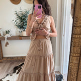 Beige Embroidery Detail Tiered Skirt