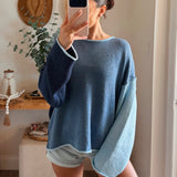 Blue-Chambray Textured Colorblock Knit Rolled-Edge Sweater