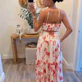 Tropical Tiered Ruffle Open-Back Maxi Dress