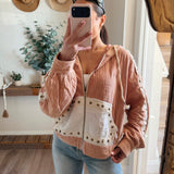 Pink Mauve Vintage Washing Double Gauze Stud Detail Hoodie Zip up