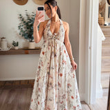Floral-Print Smocked Halter Paneled Maxi Dress