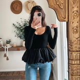 CONTRAST BUBBLE HEM LONG SLEEVE RIB TOP - Black