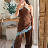 Contrast Lace Trim Satin Halter Jumpsuit