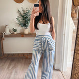 Blue Striped Cotton Wide-Leg Drawstring Pants