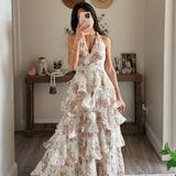 White Tiered Floral Halterneck Maxi