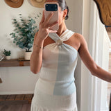 Water Blue Seashell Embellished Twisted Halter Top