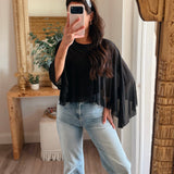 Black Cape Sheer Top With Asymmetrical Hem
