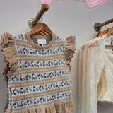 Knit Multi Color Jacquard Ruffle Cap Sleeve Top