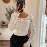 White Lace Insert Long Sleeve Ribbed Sweater Top