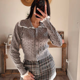 Grey Lace Trim Collar Cable Knit Cardigan